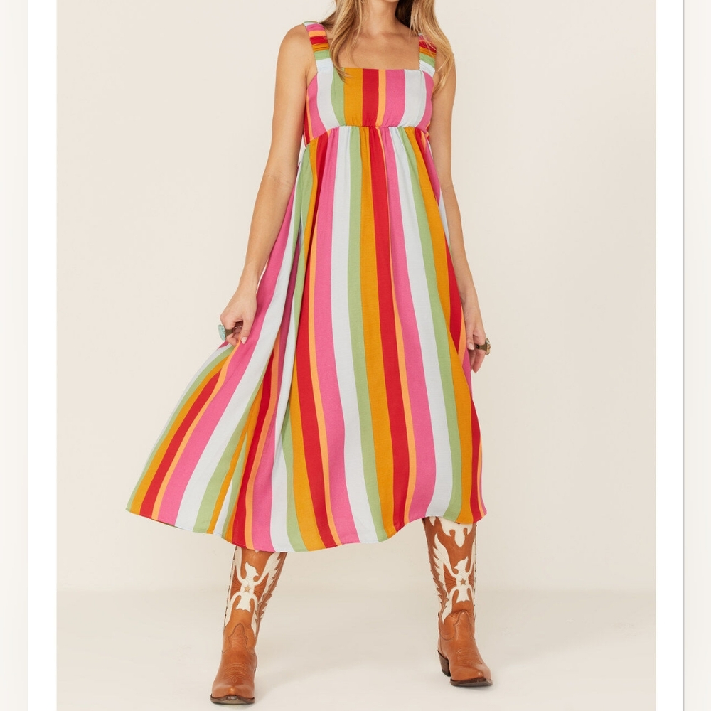 Show Me Your Mumu Rainbow Stripe Fling Midi Dress Popsicle Stripe